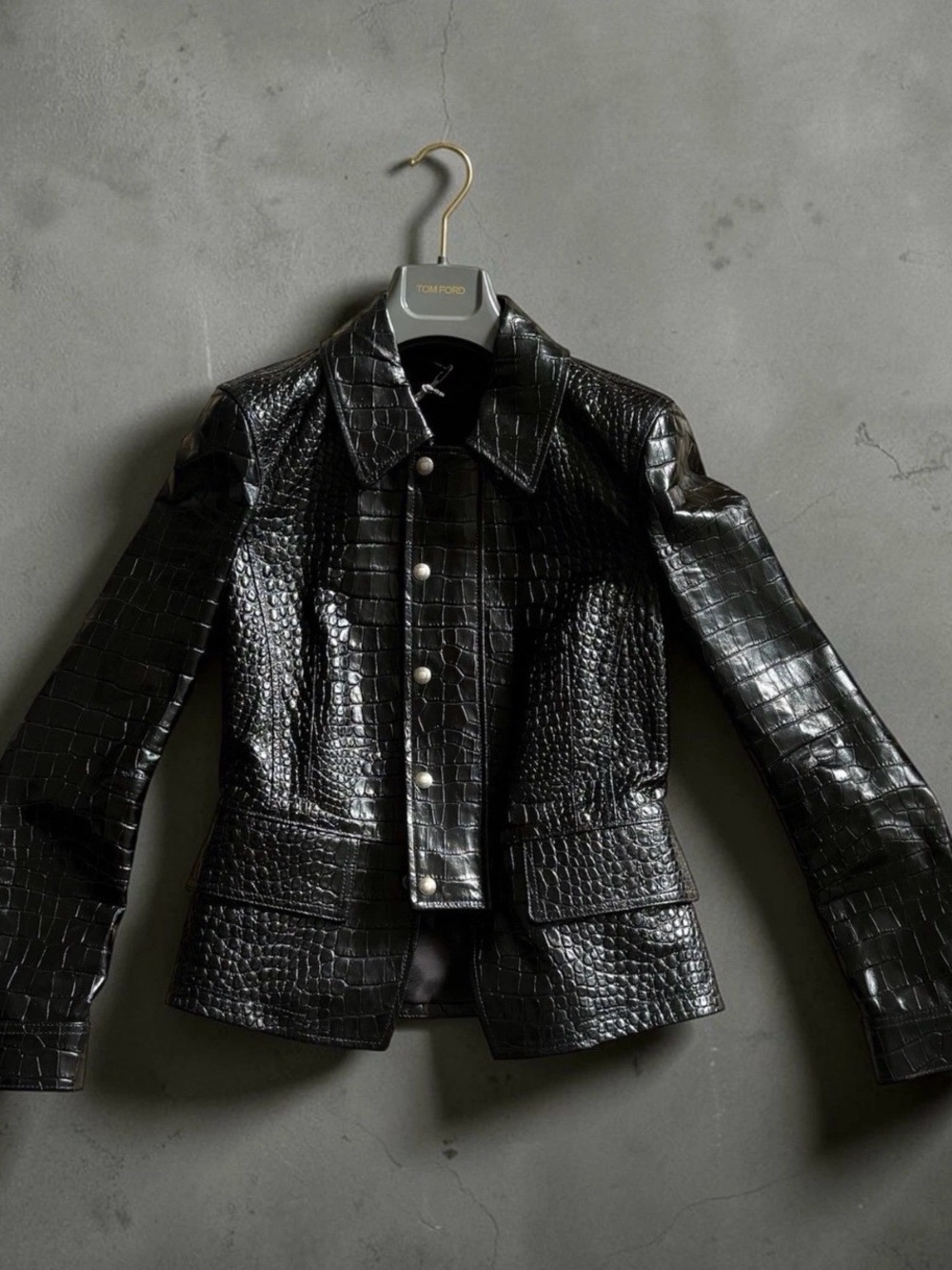 Tom Ford Black Croc-Embossed Leather Snap-Front Jacket